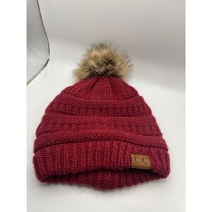 CC Beanie Women's Red Knit Winter Hat Pom Pom Fleece Lined Warm Cozy